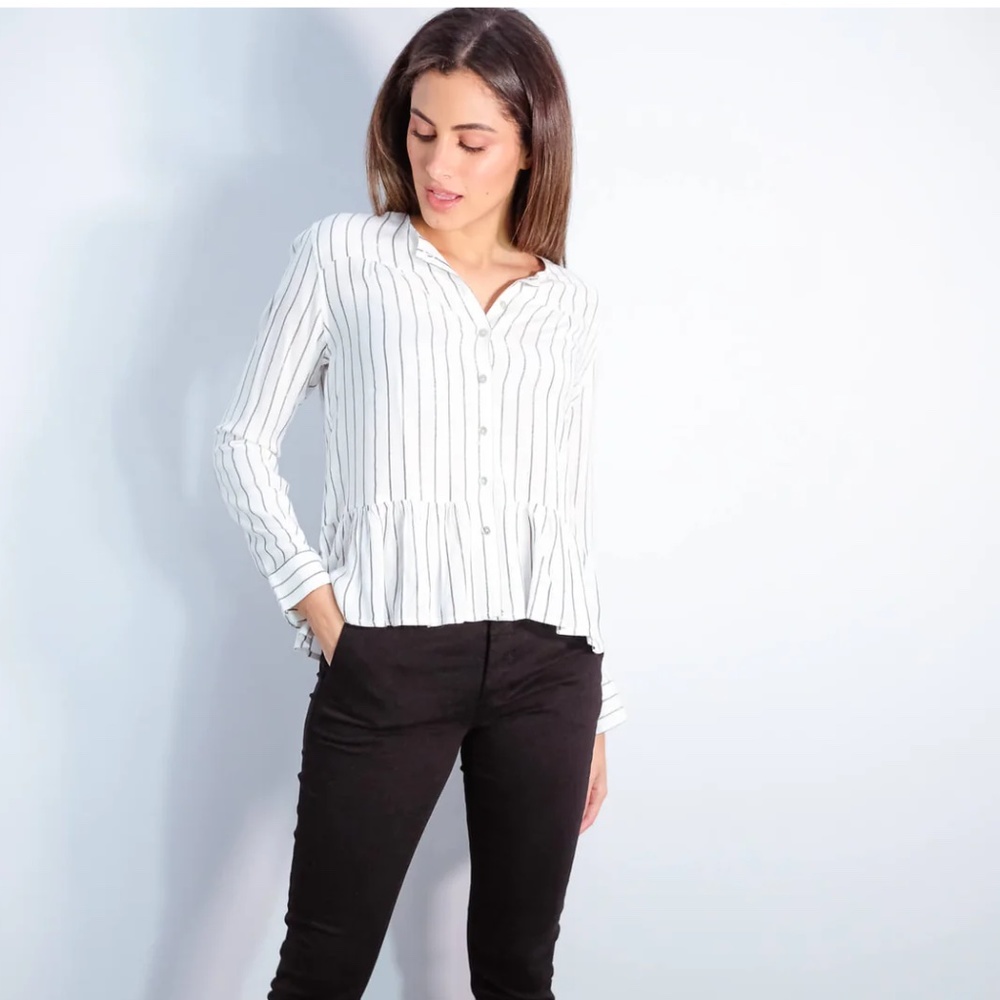 Rails - Ruby Stripe Button Front Peplum Shirt | White/Gray/Gold | Small | NWOT